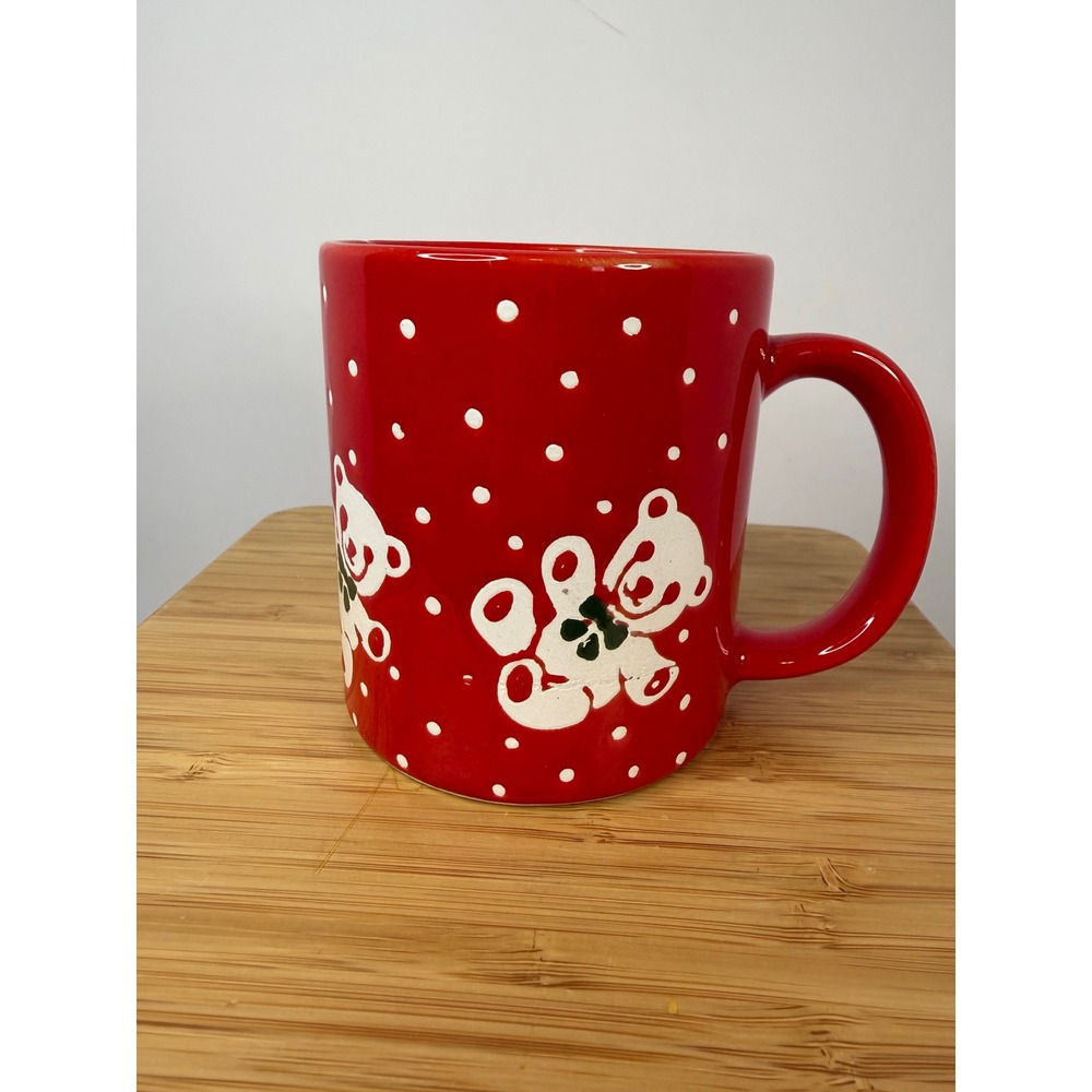 Vintage Japan Red Polka Dot Teddy Bear Christmas Coffee Mug Ceramic 4 Inch